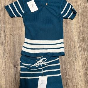 Fin & Vince Heritage Knit Set Unisex 100% Organic Cotton Size 6/7Y Blue White